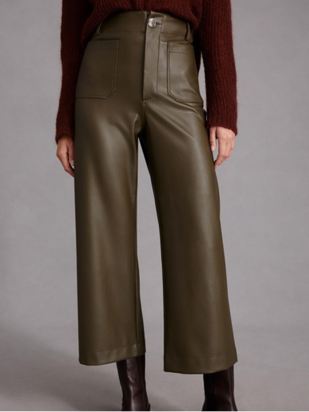 Anthropologie Maeve Colette Cropped Wide Leg Pant Faux Leather Taupe Tan Brown